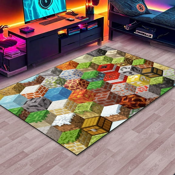 Block Game Rug Teen Boys Carpet with Pixel Game Element Decoration Mat, Cube Block Game Rugs for Boy's Bedroom Bathroom Living Room Playroom, Non-Slip Children Gaming Area Rugs (60" x 40")