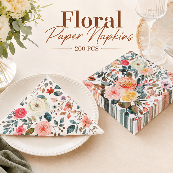 MEYRKLOE 200 Count Floral Paper Napkins, Disposable Rose Luncheon Napkins, Watercolor Spring Flowers for Wedding, Birthday and Tea Party, 6.5 x 6.5 in