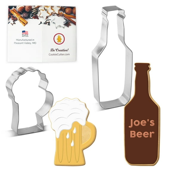 Bottoms Up Cookie Cutter Set - 2 Piece - 6 in Beer Bottle, 4 in Beer Mug - Foose Cookie Cutters - US Tin Plated Steel HS0411