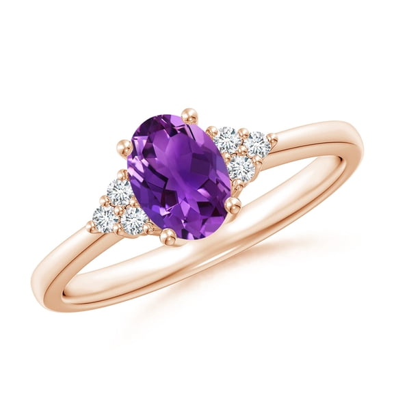ANGARA Natural Solitaire Oval Amethyst Ring with Trio Diamond Accents in 14K Rose Gold for Women (Size-7x5mm) | February Birthstone, Anniversary, Jewelry Gift for Women | Natural Amethyst Ring