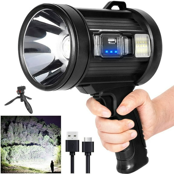 Litom Handheld Rechargeable Spotlight, 200000 Lm Outdoor Handheld Spotlights with Cob Light and Solar Panels, Lightweight and Long Running Spotlight for Hunting Boating Camping
