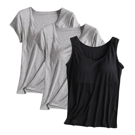 JGGSPWM Women s Tank Top with Built-in Padded Bra Modal Stretch Camisole Yoga Undershirt Cami Tops 3 PCS Coffee M