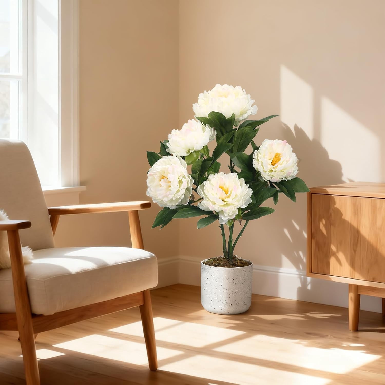 QinaQin 55cm Set of 2 Peonies Artificial Flowers, Faux Peonies with Realistic White Flowers & Green Leaves, Indoor Outdoor Fake Potted Plant for Living Room Home Office Porch Decor