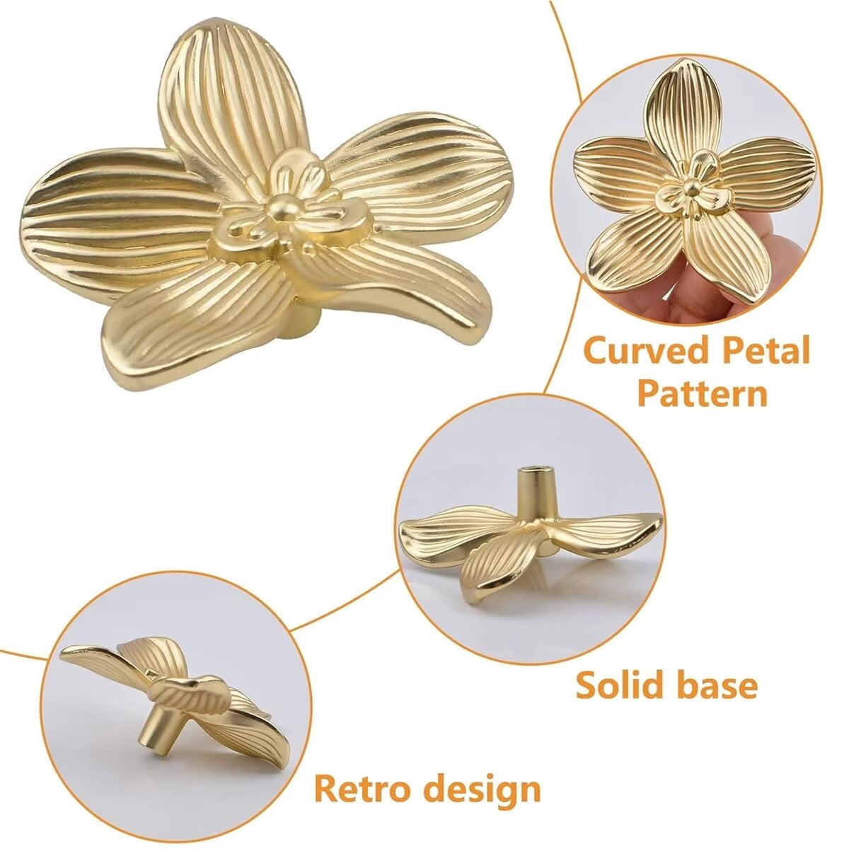 HDJNal Antique Flower Shaped Cabinet Knobs,Vintage Kitchen Zinc Alloy Shabby Chic Drawer Pull Handles for Dresser Vanity Nightstand Cupboard Wardrobe, 10 Pack (Golden）