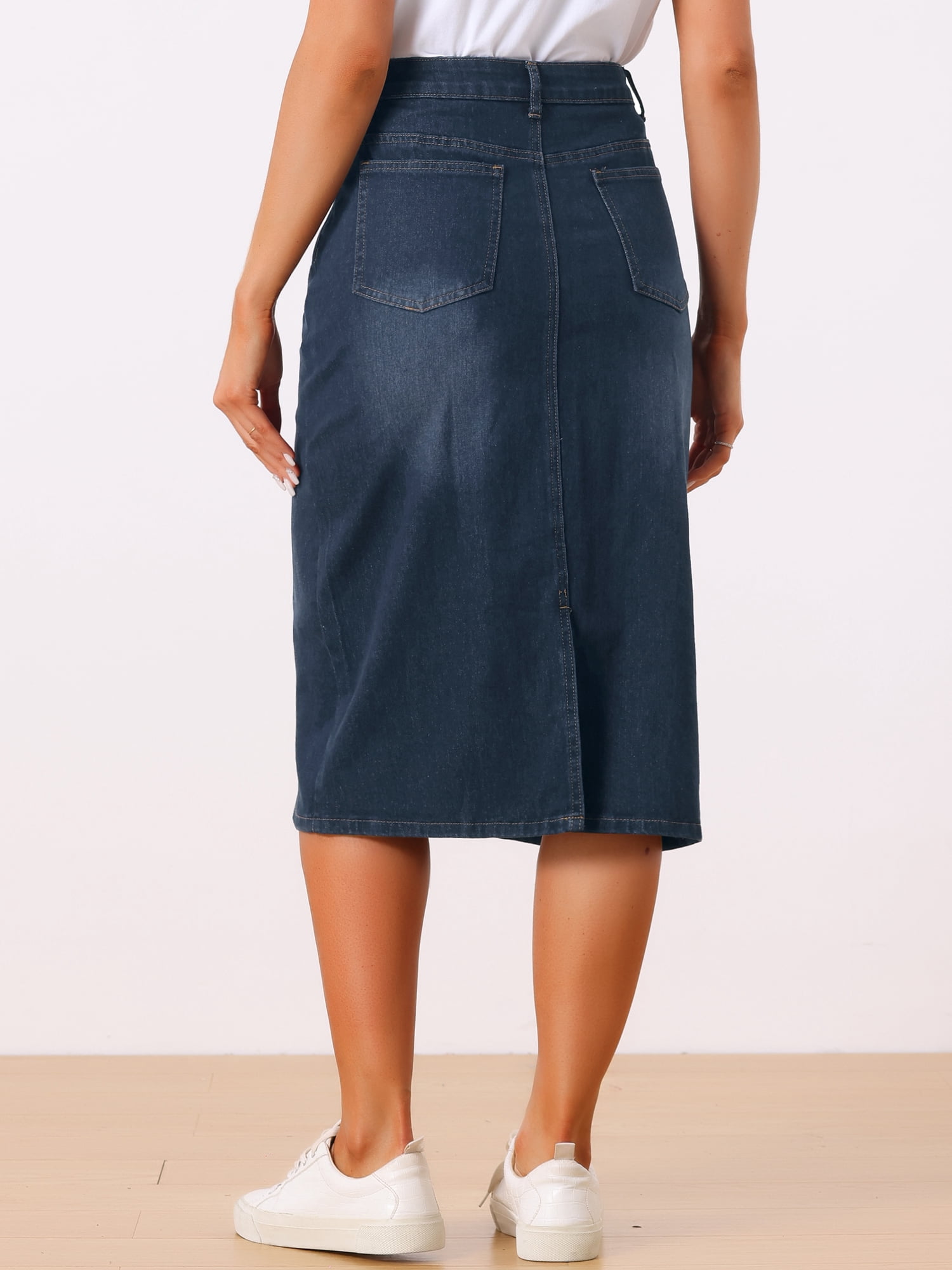 DARING DIVA Women's Zipped and Button Denim Split Back Pockets Midi Jean Skirts M Black Blue