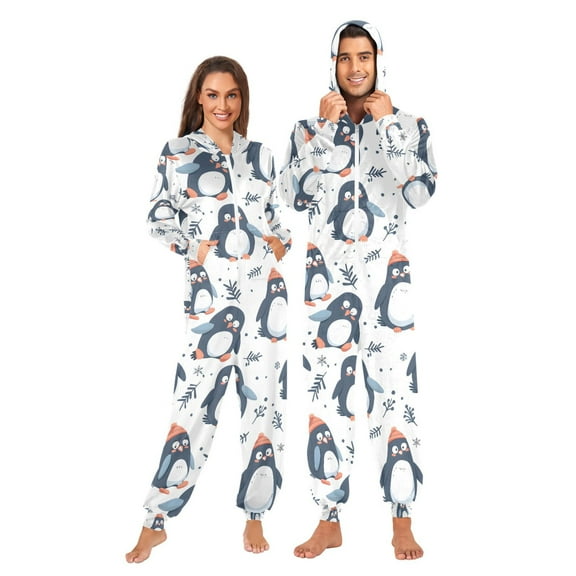 Adult Christmas Onesie Cute Penguins Zipper One-Piece Pajamas Unisex with Pockets