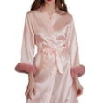 thumbnail image 2 of Women's Nightgown - Faux Fur Trim, Adjustable Waist Tie, Satin V Neck, Imitation Silk Sleepwear, 2 of 8