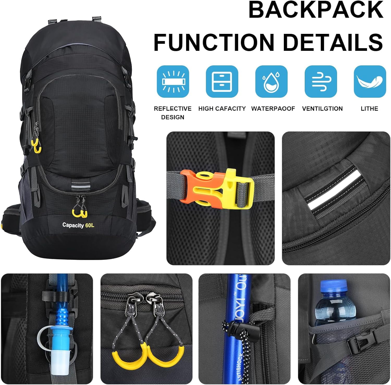 SHANNA 60L Waterproof Hiking Camping Backpack with Rain Cover Camping Rucksack Lightweight Hunting Rucksack, Black