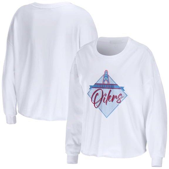 Women's WEAR by Erin Andrews White Houston Oilers Gridiron Classics Domestic Cropped Long Sleeve T-Shirt
