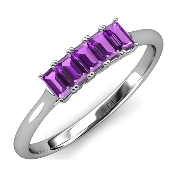 TriJewels 5x3 mm Emerald Cut Amethyst 5 Stone Wedding Band in 10K White Gold