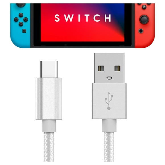 TALK WORKS Nintendo Switch Charger USB C Braided Nylon Cable Accessory - Extra Long 6' Flexible Charging Cord For Switch Lite / OLED (Silver)
