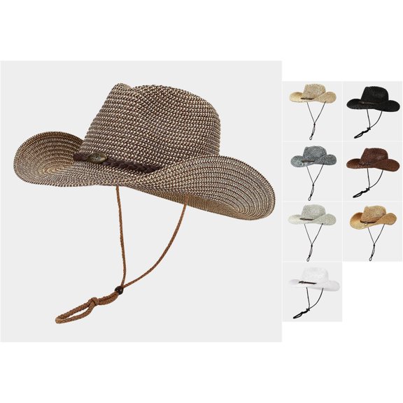WMNTST Unisex Sun Hat Spring And Summer Wide Brimmed Adjustable Chin Strap Straw Hat Western Cowboy Style Headwear