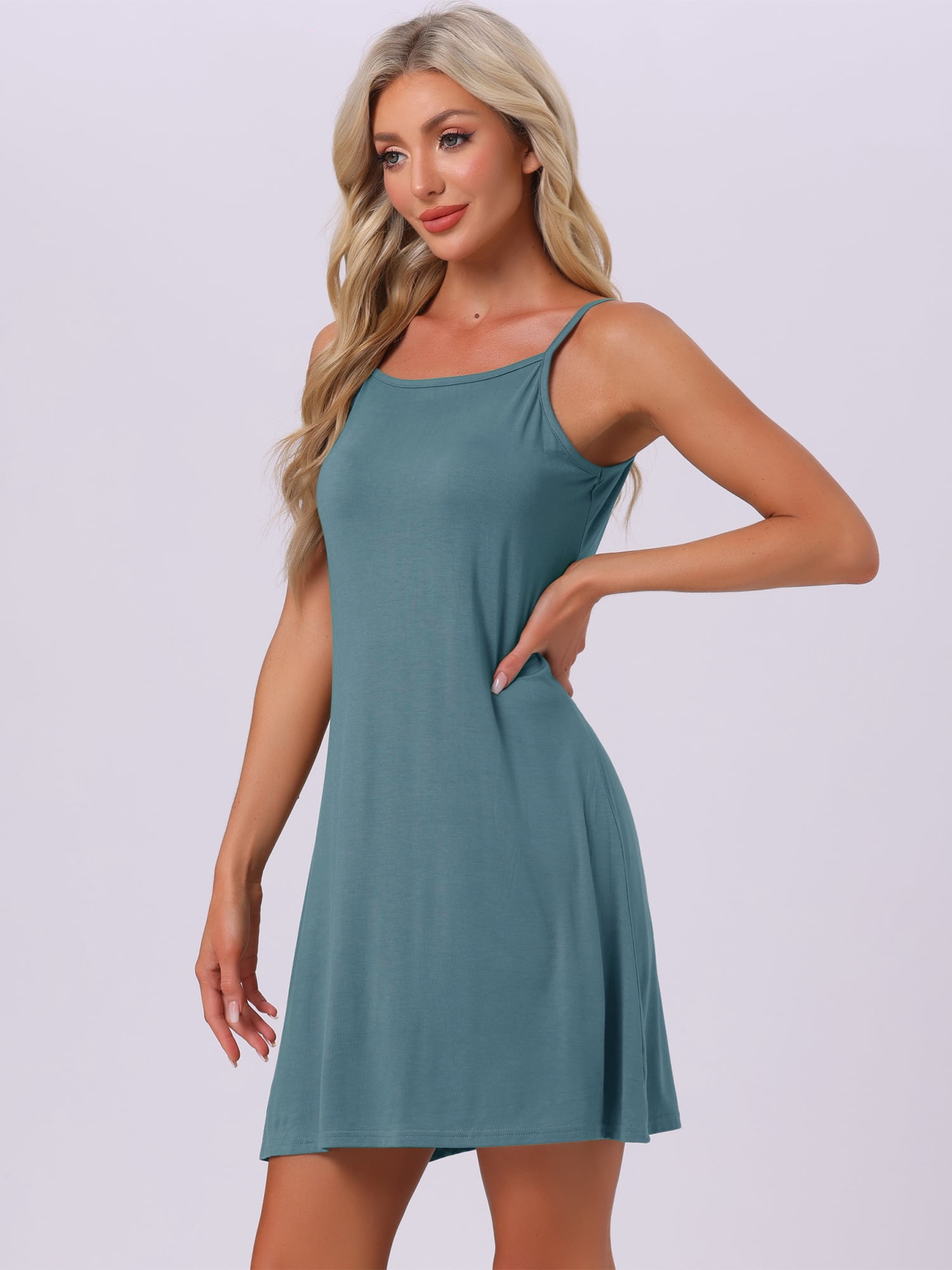 DARING DIVA Women's Modal Soft Square Neck Spaghetti Strap Dress Sleepwear L Blue