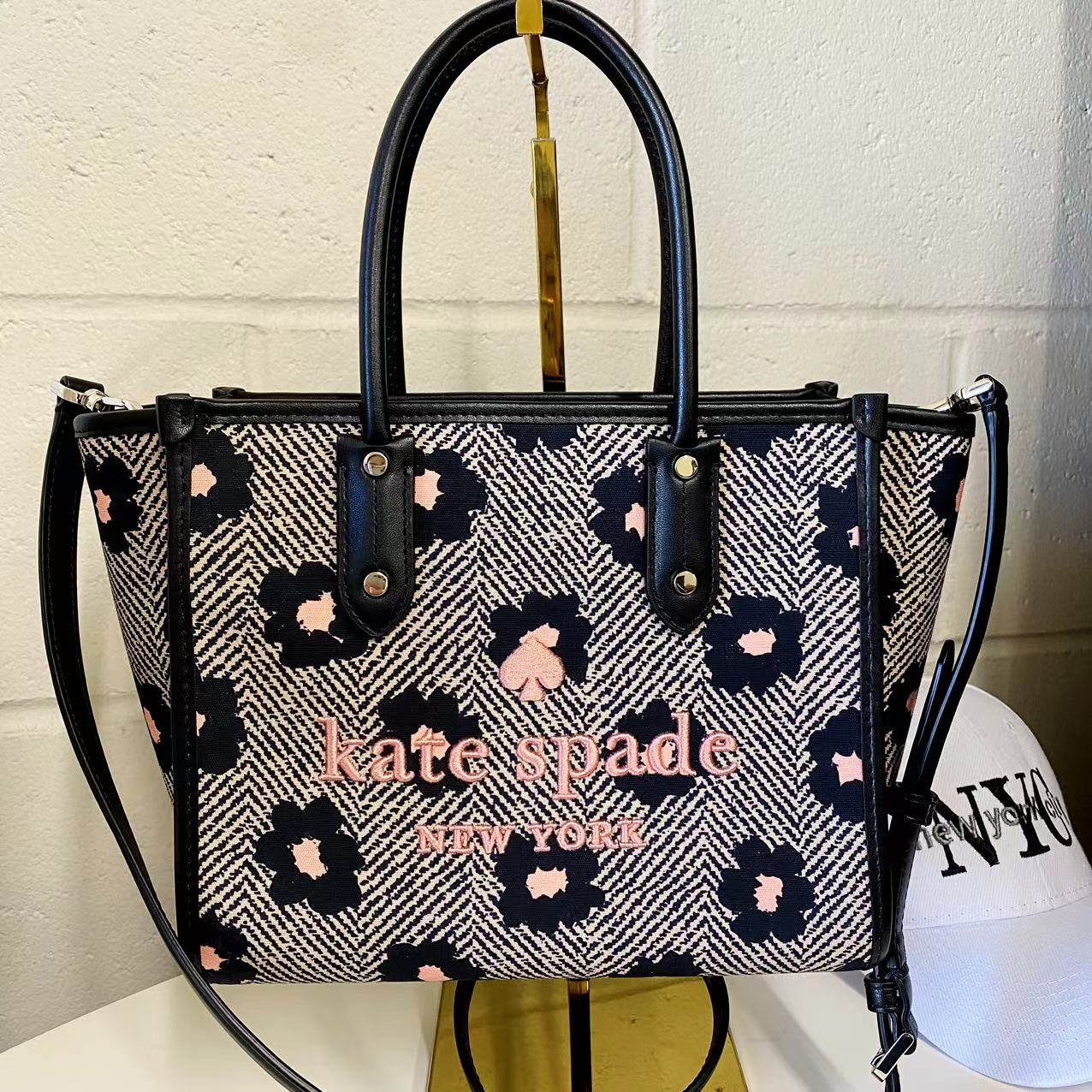 Kate Spade Ella Herringbone Floral Small Canvas Printed Crossbody Tote Handbag Ella HerringBone Floral Bag