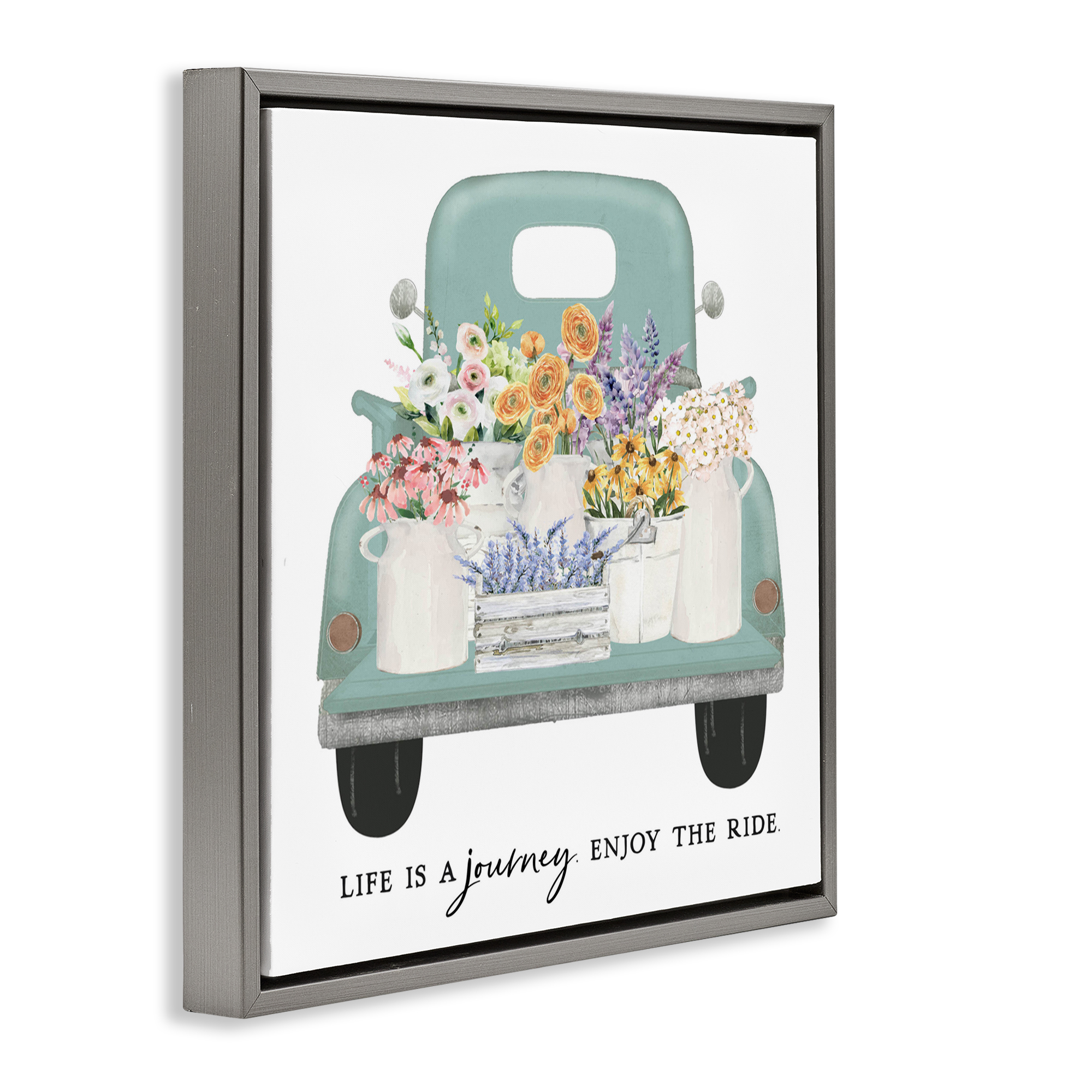 Enjoy Ride Floral Truck Gray Framed Floater Canvas Wall Art, design by Lettered and Lined