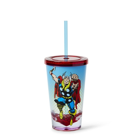 Marvel Thor God Of Thunder Plastic Tumbler Cup Lid & Straw | Holds 19 Ounces