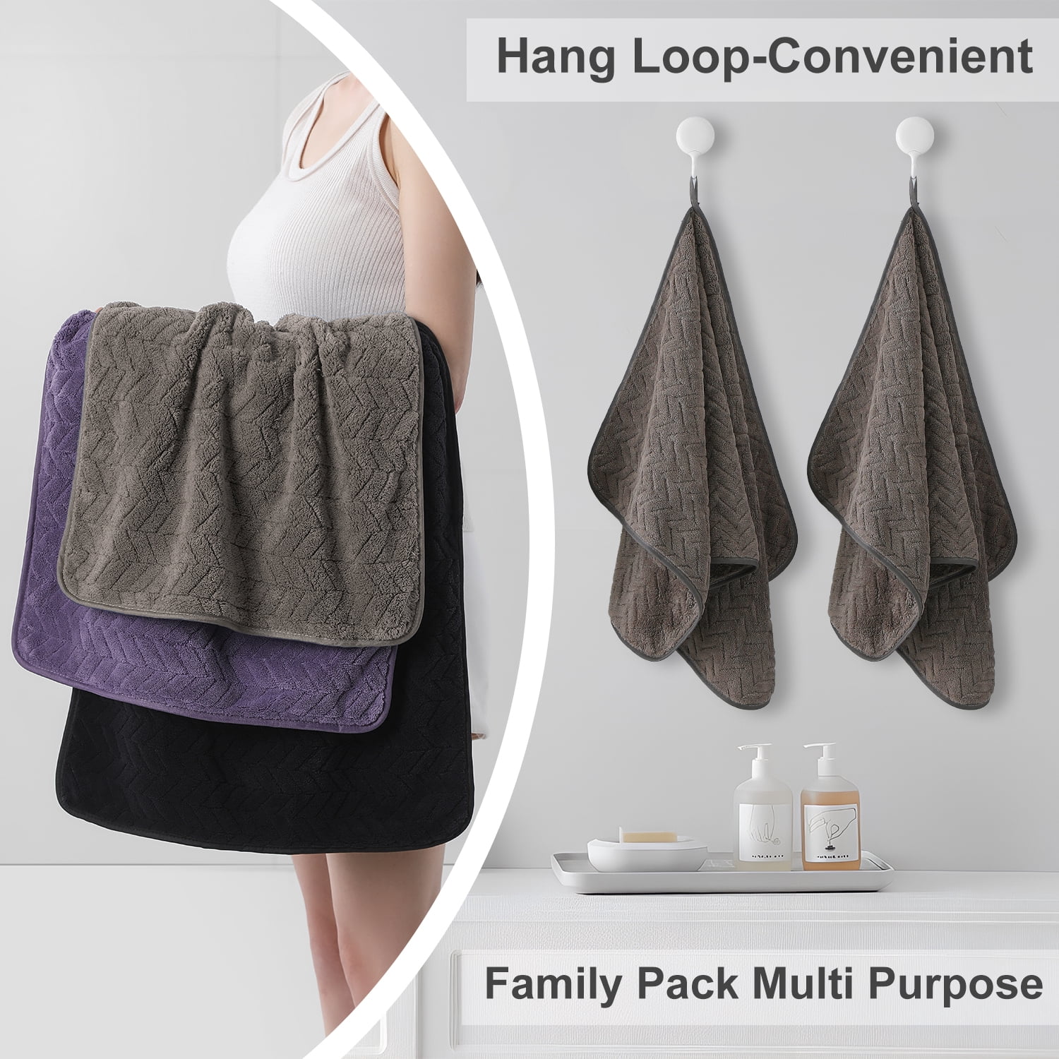 Jessy Home 12 Pack Black Brown Hand Towel Set 16"x31" Soft Highly Absorbent Quick Dry Bathroom Bath Hand Towels Microfiber Plush Towels