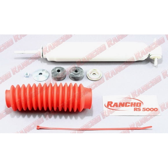Rancho Shock Absorber RS55128 RS5000X; Nitrogen Gas Charged; Limited Lifetime Warranty; Non Adjustable Valving; With Shock Boots; White Shock Body With Red Shock Boots; Single