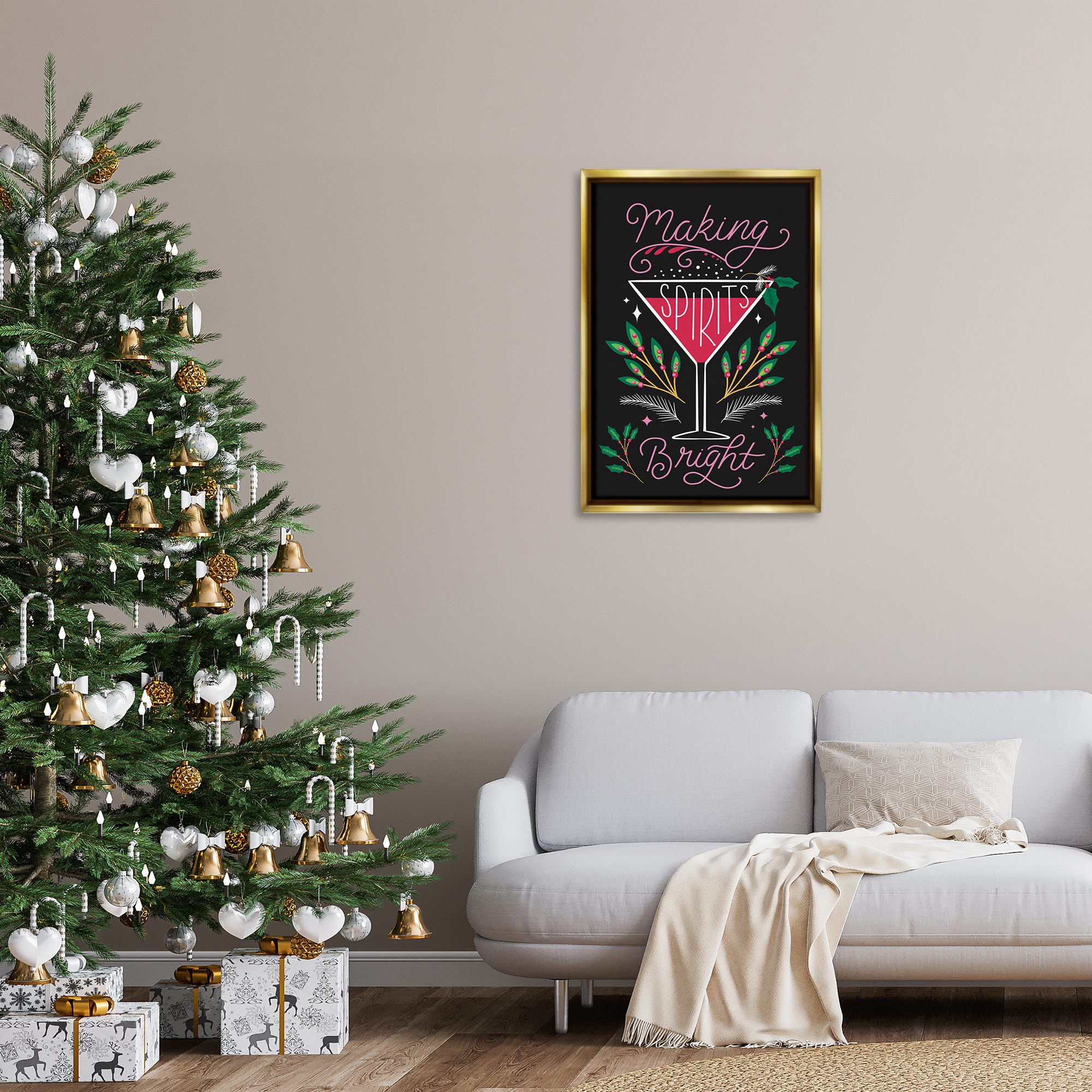 Stupell Industries Making Spirits Bright Martini Holiday Painting Gold Floater Framed Canvas Art Prints Wall Art, 21 x 31