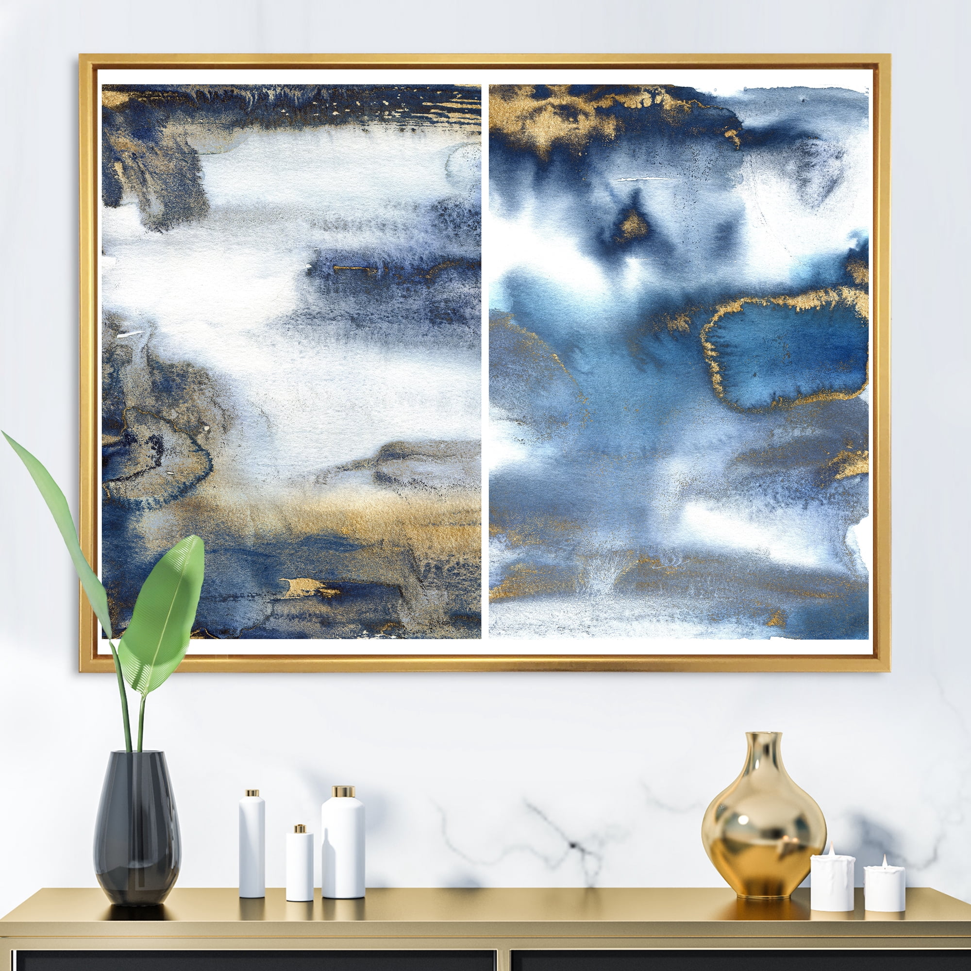 Designart 'Gold and Dark Blue Abstract Waves I' Modern Framed Canvas Wall Art Print