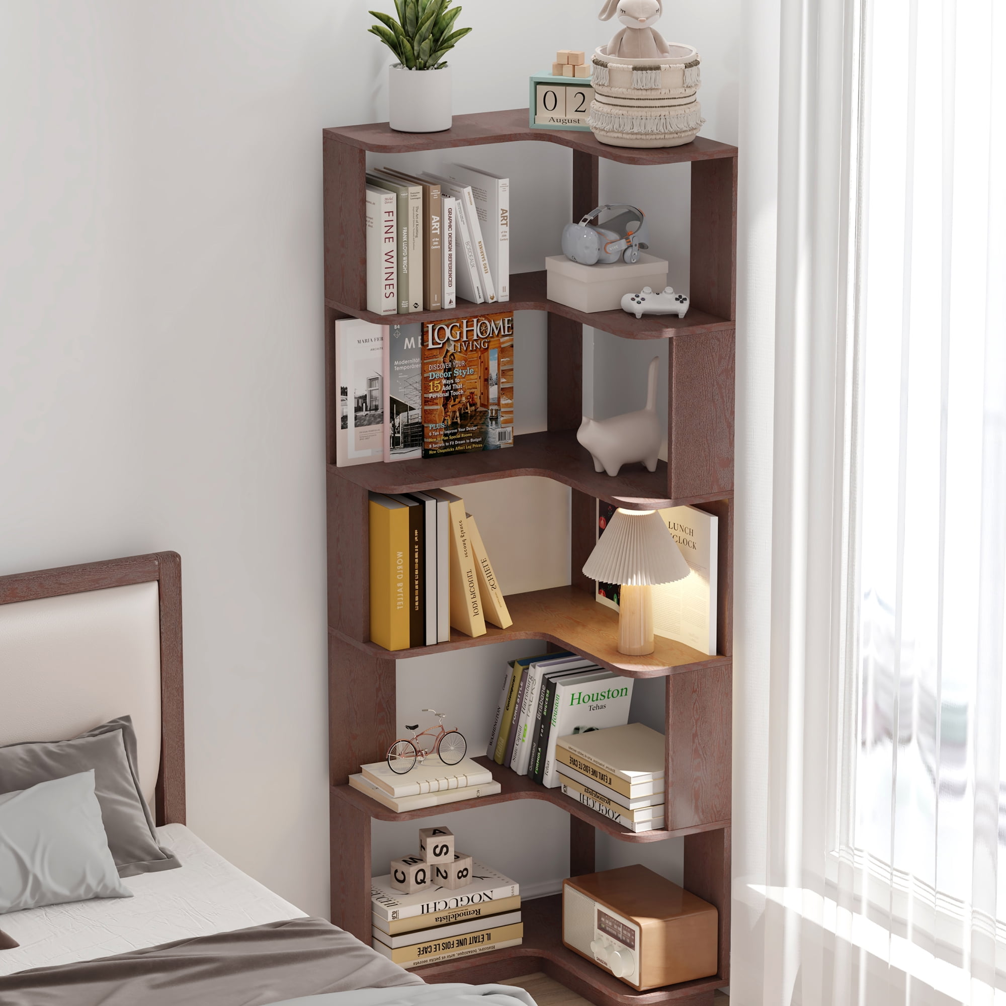 Leumius 6 Tier Freestanding L-Shaped Corner Bookshelf, Wooden Bookcase with anti-drop panle and anti tipping device, Display shelf Open storage rack Organizer for Home Office,Ox Blood Red
