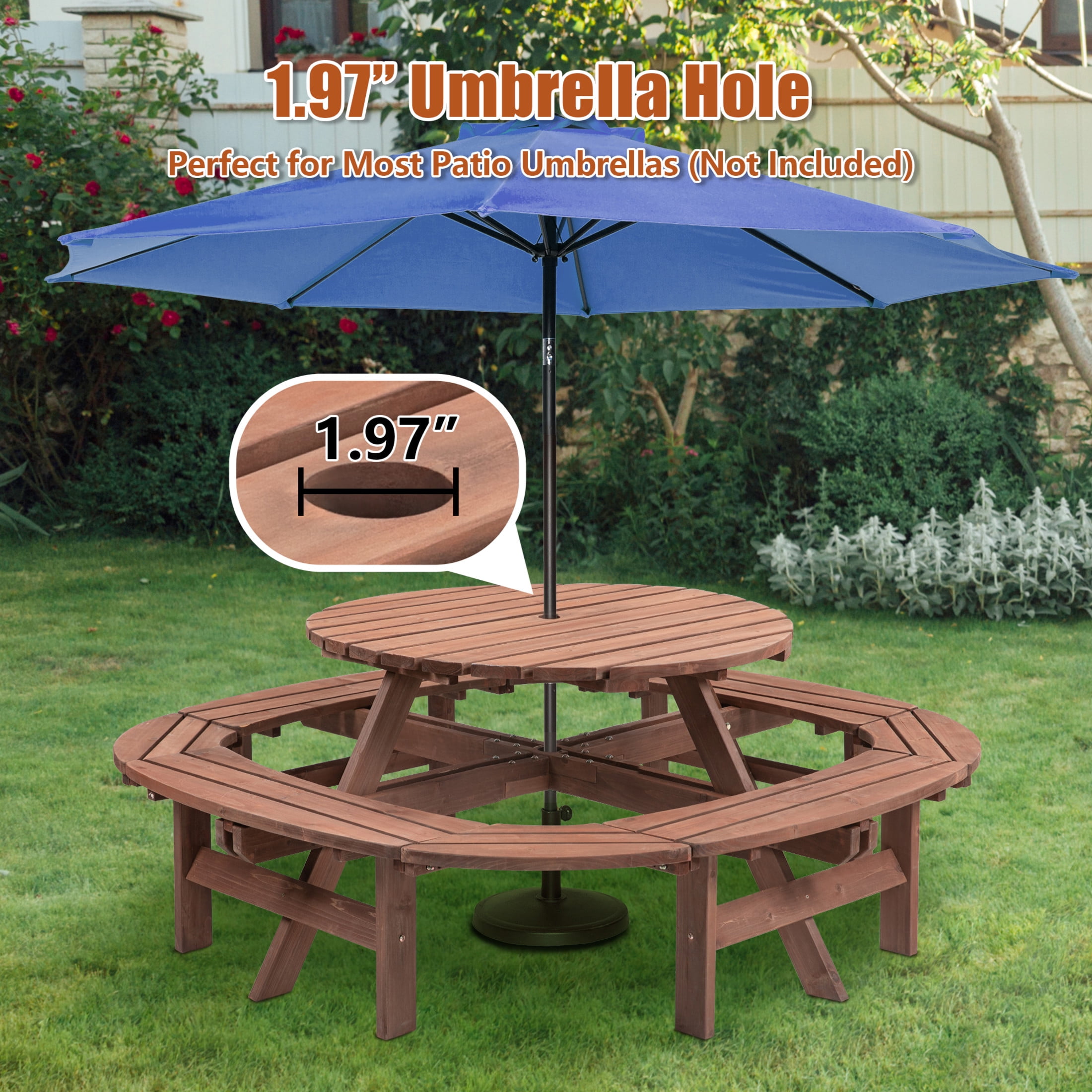 Noble House Lavinia Round Outdoor Fir Wood Picnic Table with Connected Ring Stool, for Patio, Backyard, Garden, Brown