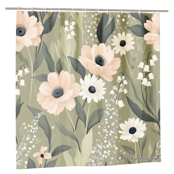 Joocen Polyester Shower Curtain Floral Pattern With Peach And White Flowers Green Background For Home Bathroom Bath Tub Decoration 72x72 inch