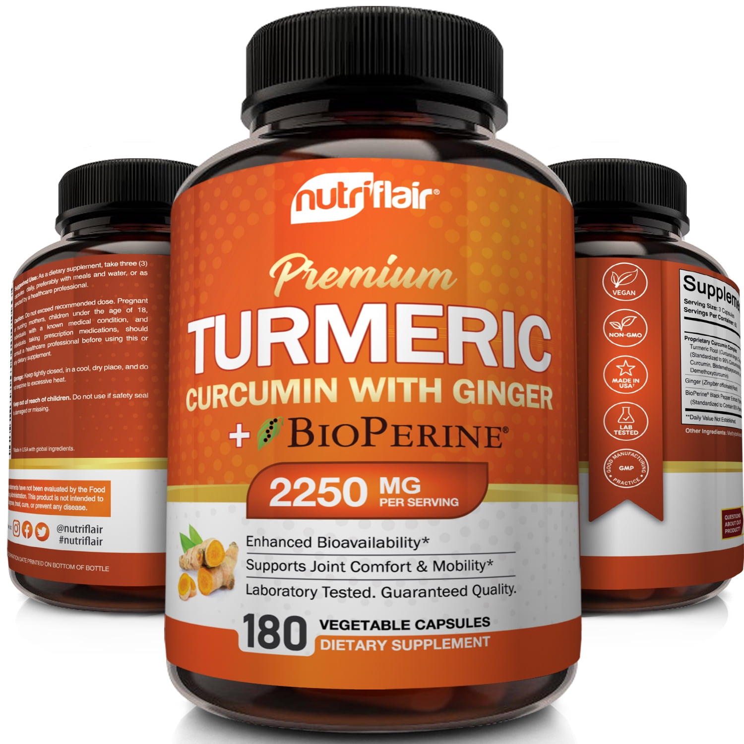 Turmeric Curcumin with Ginger and BioPerine Black Pepper Antioxidant Supplement, 180 Capsules
