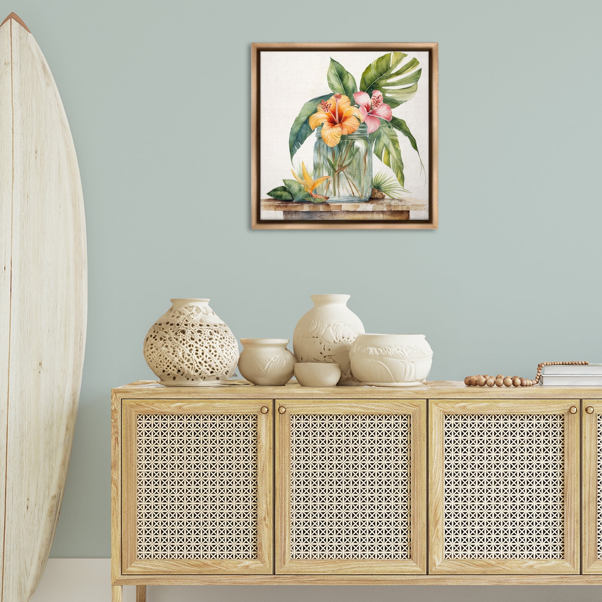Stupell Industries Tropical Floral Vase Plants & Flowers Painting Brown Floater Framed Canvas Art Print Wall Art, 25 x 25