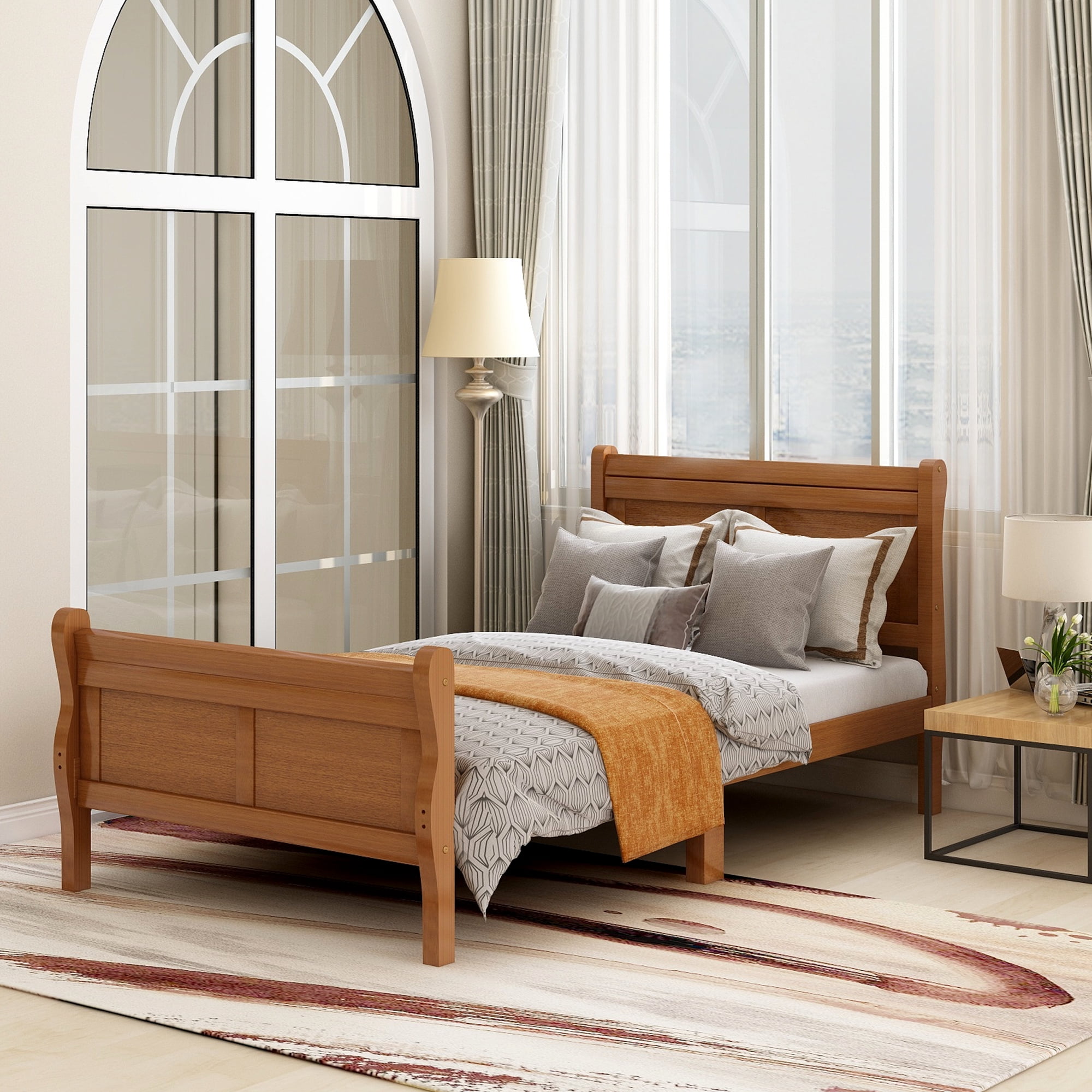 Oak Twin Bed Frame with Headboard, Solid Wood Twin Platform Bed Frame