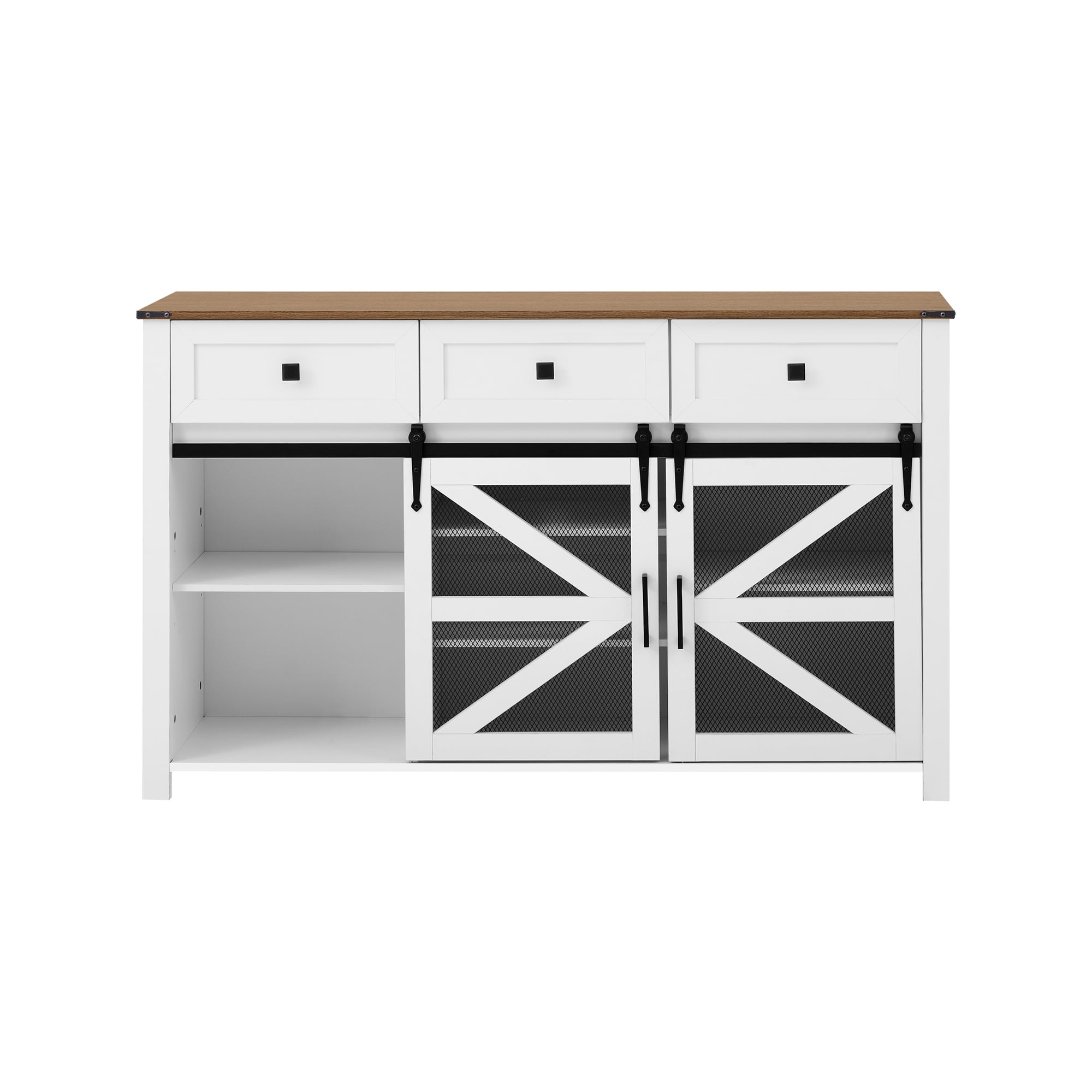 55" Sliding Barn Door Sideboard Buffet Cabinet with 3 Drawers, Adjustable Shelves, Metal Mesh & Particleboard Doors, Aluminum Handles, Industrial Storage for Living or Dining Room