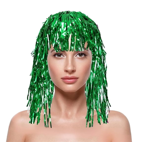 Colorful Tinsel Foil Wig Hat, Metallic Fringe Headpiece for Party Carnival, Cheerleader Spirit Accessory for Festivals and Cosplay Events Green