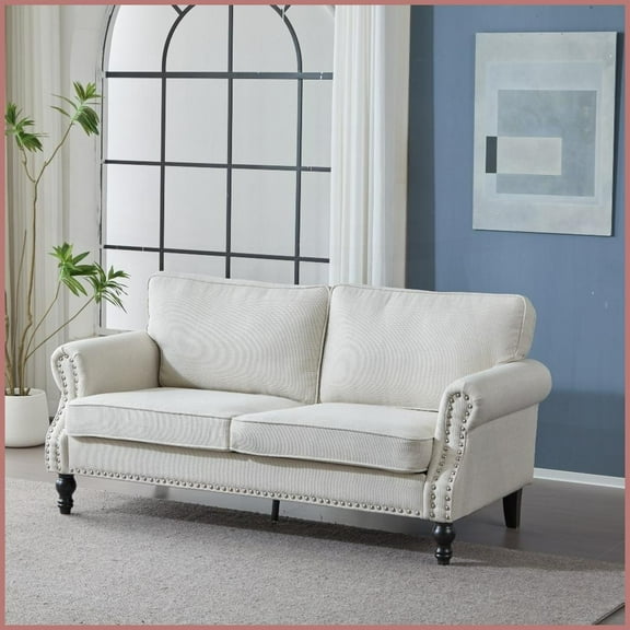 68” Traditional 2-Seater Faux Leather Sofa with Nailhead Trim – Living Room/Bedroom | Off-White | Faux Leather | Wood Legs