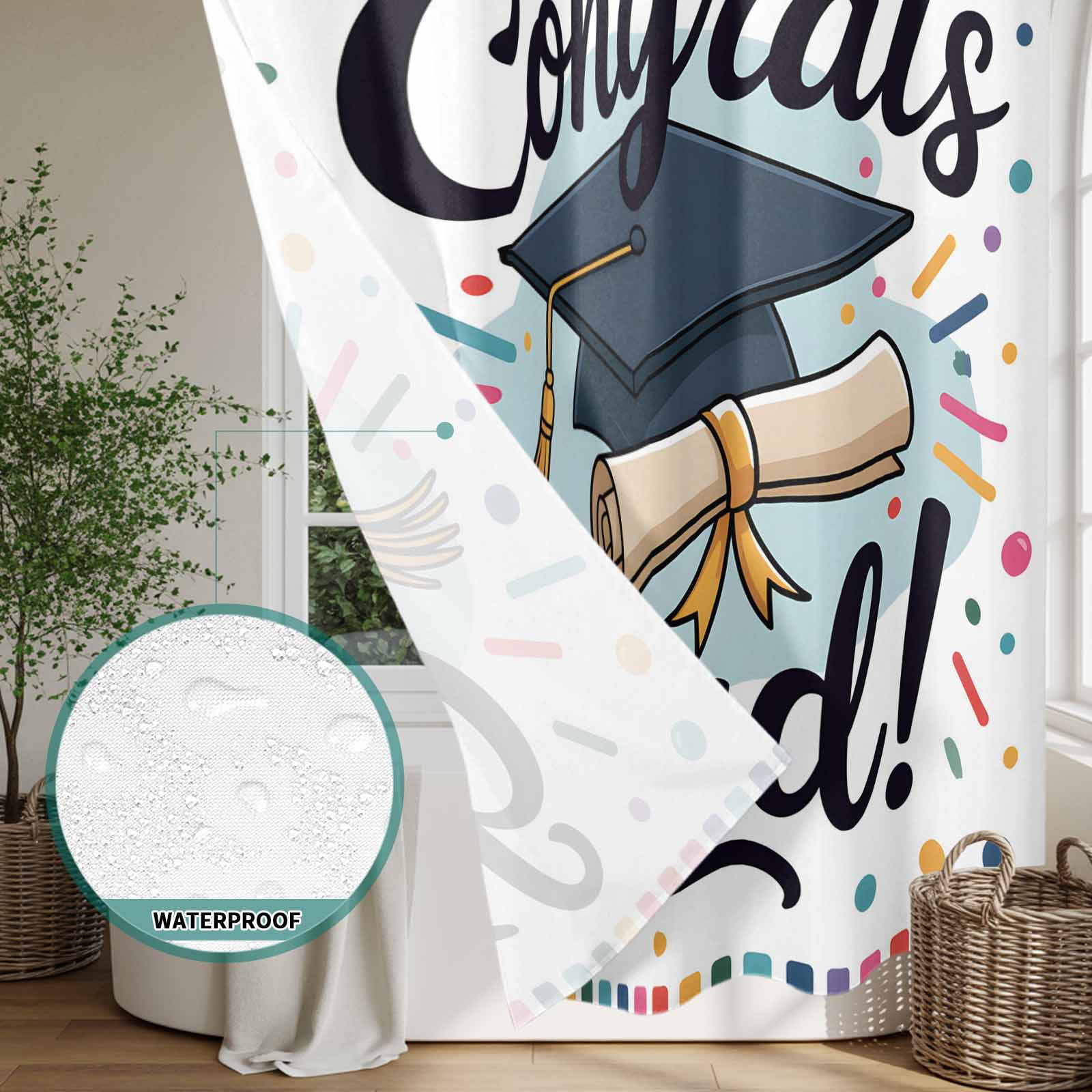 Xipuska Black Blue Graduation Hat Shower Curtain - Water Repellent Fabric Shower Curtains Washable, Funny Words Decorative Polyester Cloth Bathroom Curtains Modern Bath Decor 72"x78"