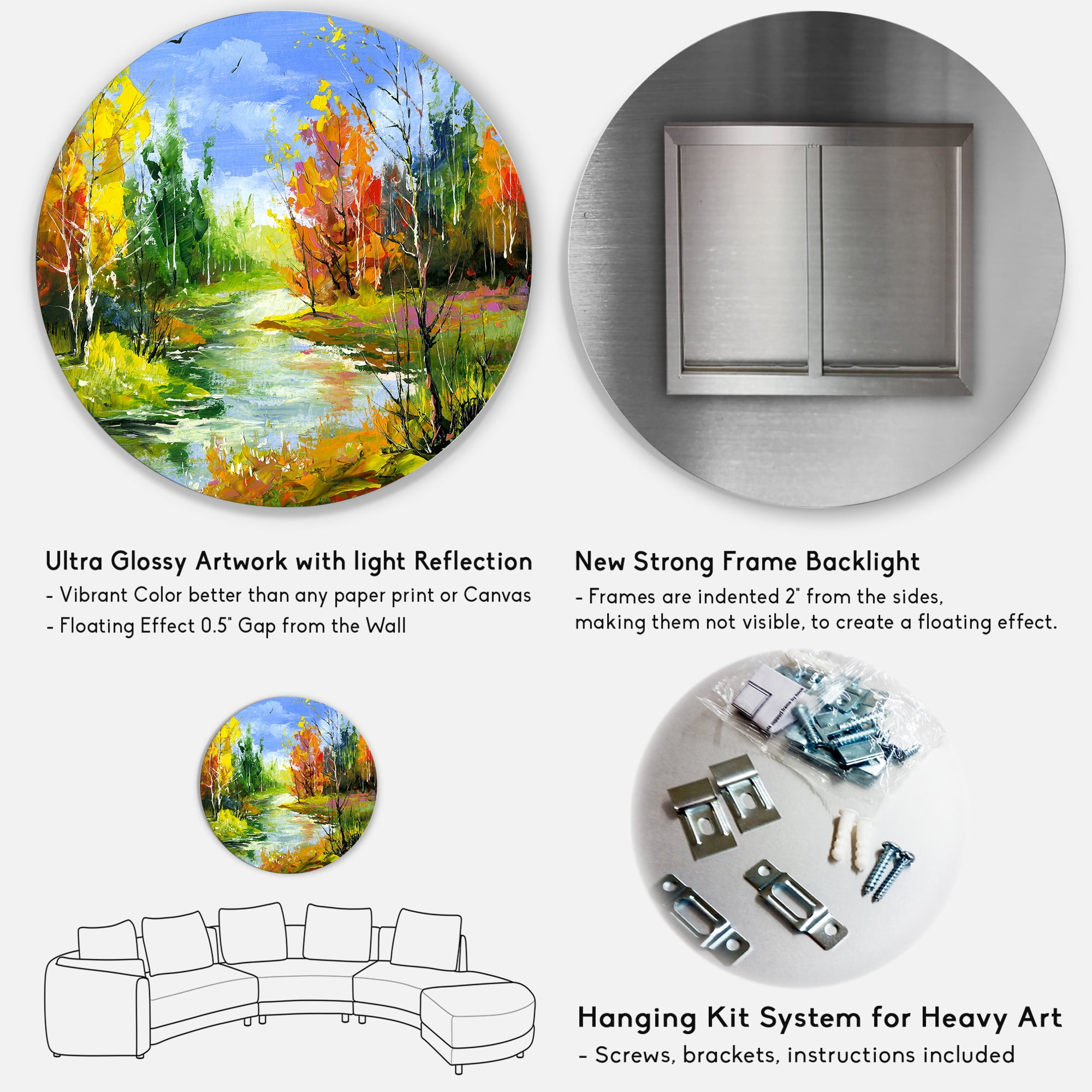 Designart 'Autumn Landscape With Forest and River' Lake House Circle Metal Wall Art 36x36 - Disc of 36
