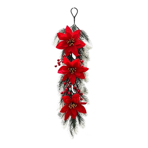 Artificial Greenery Hanging with Red Fruits Pine Needles Red Flower,Artificial Pine Teardrop Wreath,Christmas Door Swag Xmas Tree Hanging Wreathfor Front Door Winter Farmhouse Wall Window