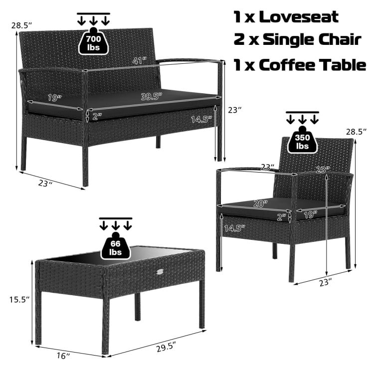 Aimee Lii Rattaner Outdoor Patio Furniture, 4 Pieces Patio Rattan Wicker Conversation Set Sofa Cushioned Glass Table, Black Aimee Lii Rattaner Outdoor Patio Furniture, 4 Pieces Patio Rattan Wicker Conversation Set Sofa Cushioned Glass Table, Black