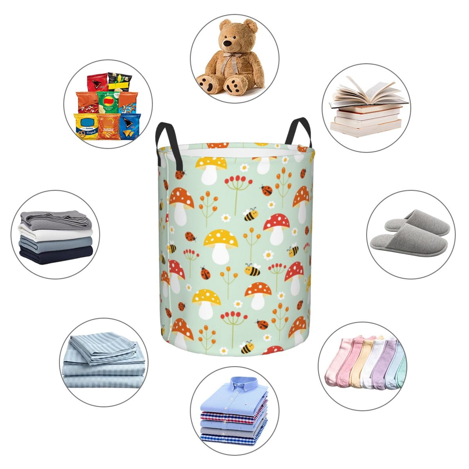 Large Laundry Basket with Handles - Mushroom Bee Kids Baby Dirty Clothes Laundry Hamper for Bedroom Aesthetic