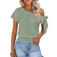 thumbnail image 2 of Miluxas Women's Trendy One Shoulder Blouse - Eyelet Lock Knit Short Sleeve Top with Bow Tie Smocked Hem Solid Tunic Shirts Summer Beach Outfits Green, 2 of 9