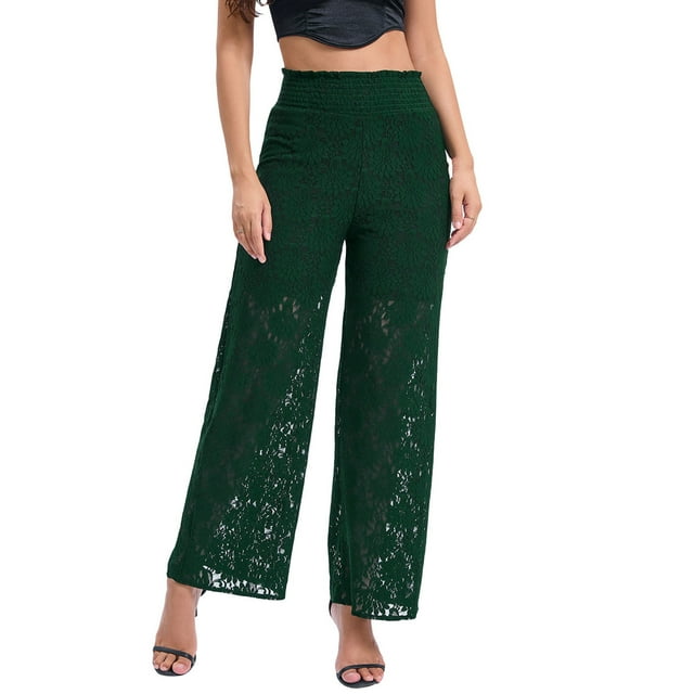 Pincandy Women's High Waist Lace Wide Leg Casual Pants, Loose Fit, Elastic Waistband, Daily & Party Wear