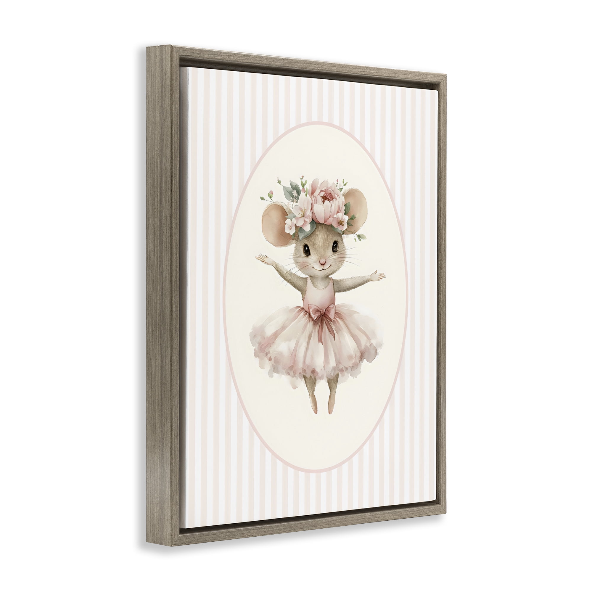 Stupell Industries Nursery Ballerina Mouse Striped Brown Framed Floater Canvas Wall Art, design by LSR Design Studio
