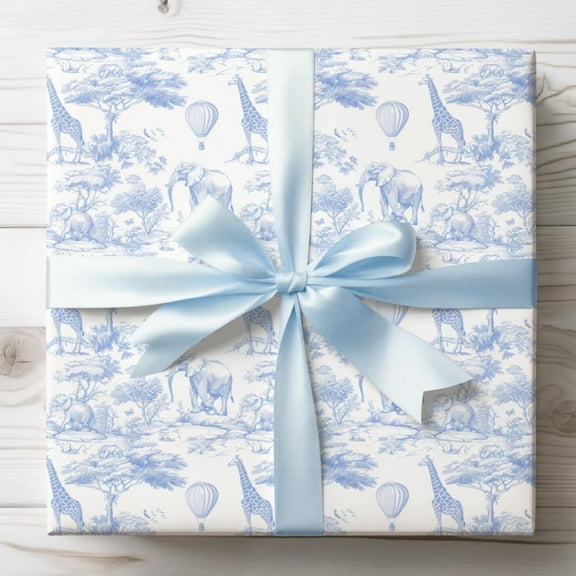 Wrapping Paper, Boy Toile Gift Wrap, Elephant Forest Giraffe Gift Wrapping for Baby Shower, Newborn Present for Boy Birthday First Birthday Anniversary, 23x58in / Roll
