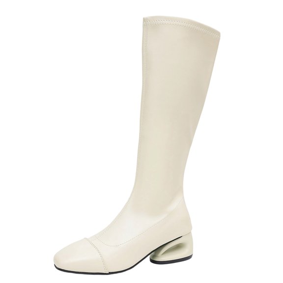 hopeusnice Square Heel Square Toe Knee High Boot Stretch Fabric On Commute Style Boot Beige 36
