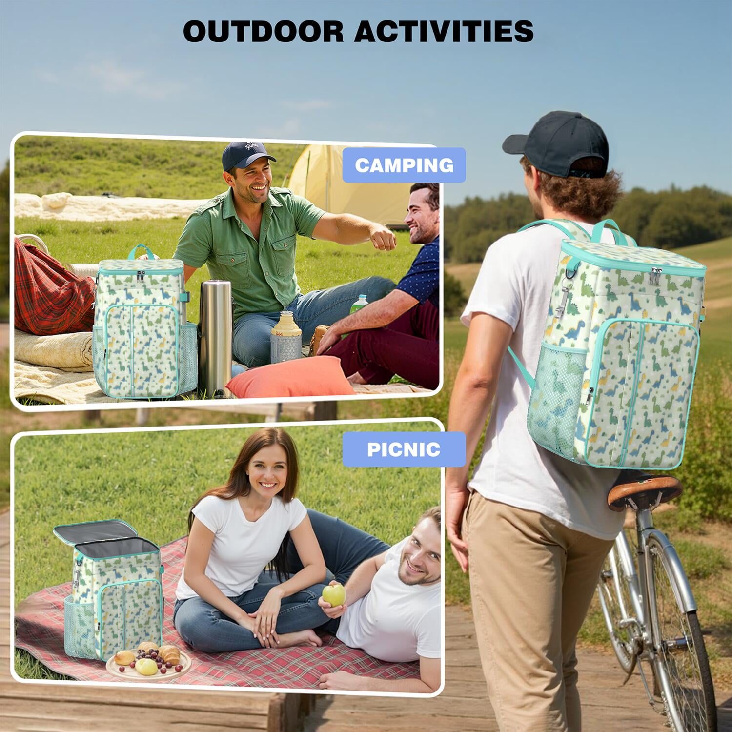 Travel Cooler Bag - LightGreen Cartoon Dinosaurs Clouds Pattern Camping Beer Cooler Backpack with Bottle Opener- Waterproof Insulated Picnic Backpacks - Cooler Bag for Beach