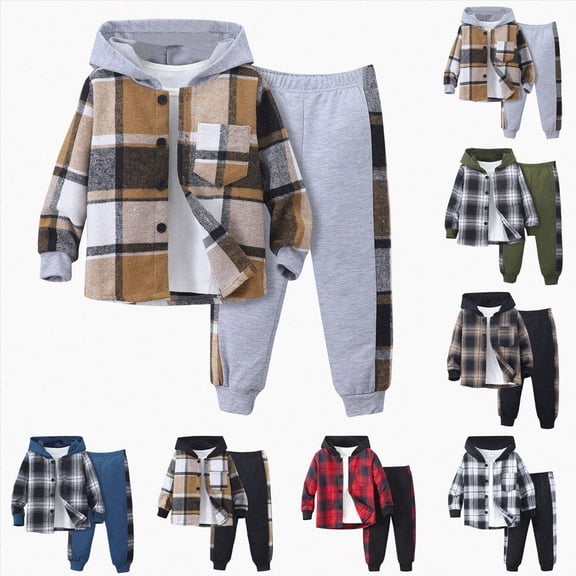 Takafot Boys Fleece Hooded Plaid Pullover and Joggers 2 Piece Outfit for Toddler Winter Fall Season Clothes Sets(Grey,5 Years)