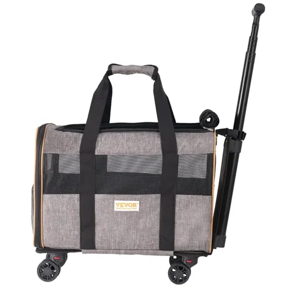 Airline Approved Rolling Pet Carrier with Telescopic Handle and Shoulder Strap for Pets Under 22 lbs Includes 1 Folding Bowl Grey
