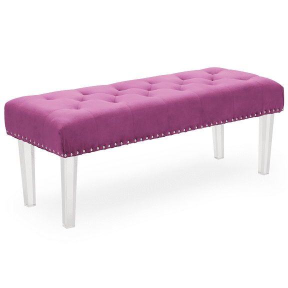 MoNiBloom Velvet Bench, Upholstered Ottoman Bench for Bedroom, End of Bed Bench Footrest Stool for Living Room Entryway, Tufted and Acrylic Legs, Purple