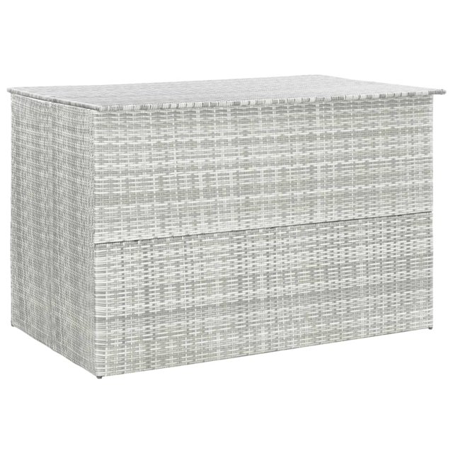vidaXL Coffre Coffre de Terrasse de Rangement Extérieur en Gris Pâle, en Rotin PE Résistant aux Intempéries et Acier Enduit de Poudre. Comprend une Doublure PE avec Fermeture à Glissière pour Protéger de l'Humidité. Dimensions : 59,1 Pouces de Large, 39,4 Pouces de Profondeur et 39,4 Pouces de Hauteur. Convient au Rangement de Coussins de patio, d'Outils de Jardin Ou d'Articles Ménagers. design Moderne pour Usage Extérieur Ou Intérieur.