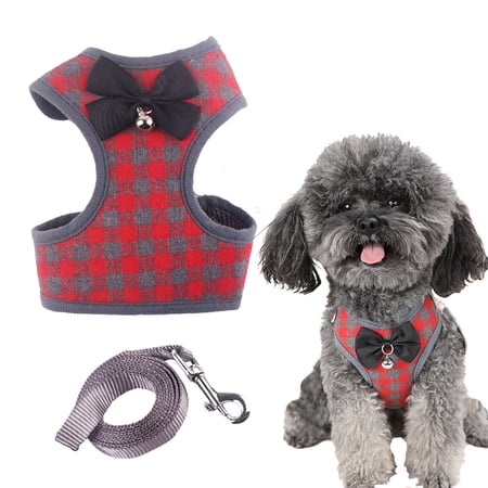 Feelers Pet Cat Dog Harness and Leash for Walking, Soft Adjustable Vest Harnesses, Grid, Red