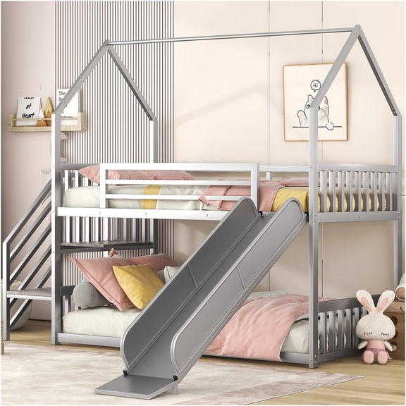 JERFIT Twin over Twin Bunk Bed with Slide, Stairs & Storage, Space-Saving Metal Frame House Design Bed, Silver